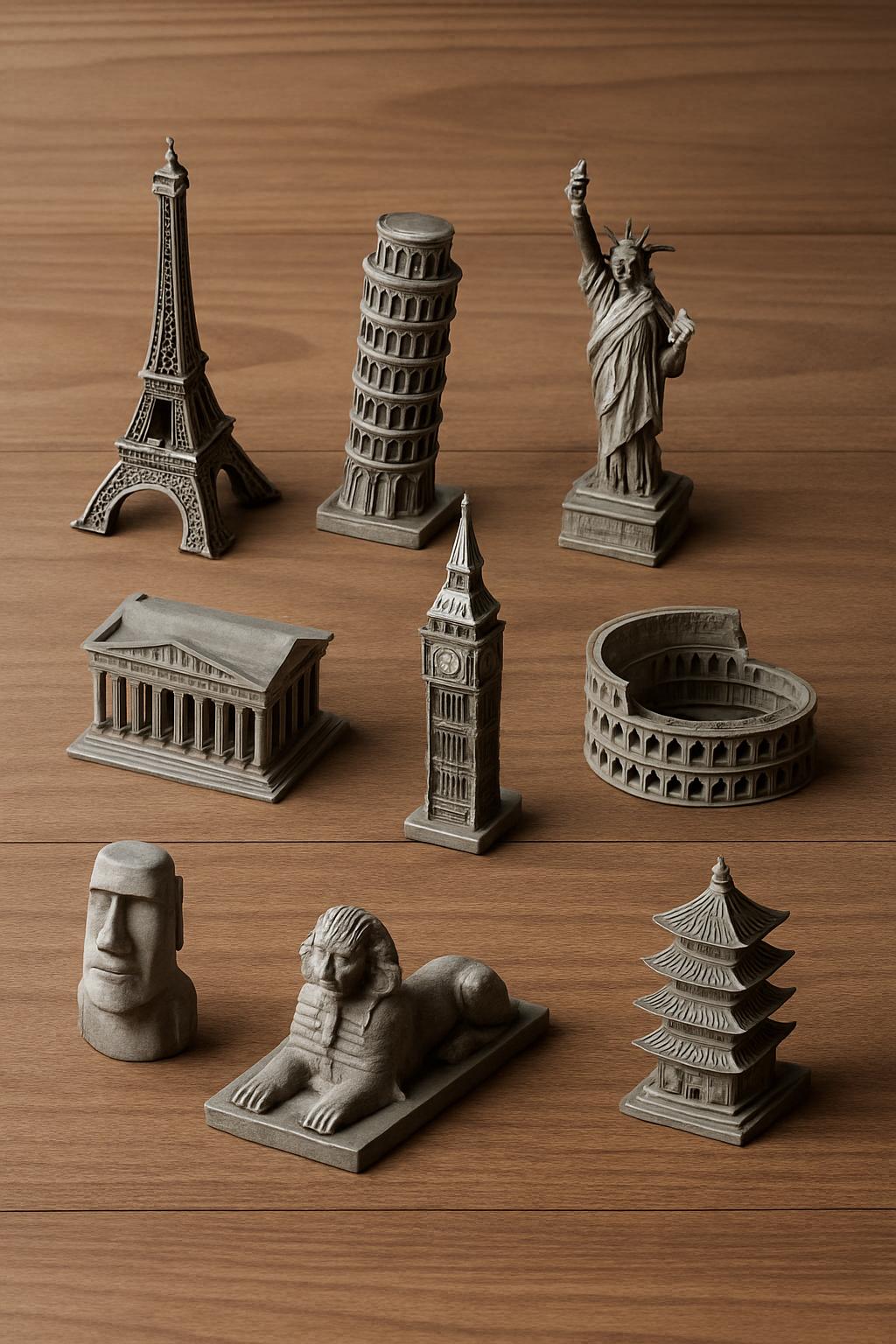 A collection of small, gray stone replicas of famous landmarks from around the world are arranged on a wooden table. These...